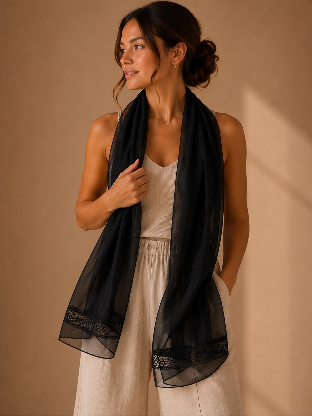 Japanese Black Sheer Scarf Lightweight Dress Scarf Evening Formal Wrap